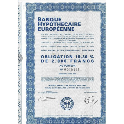 Banque Hypothécaire Européenne (Obl 15.30 % 2000 F)