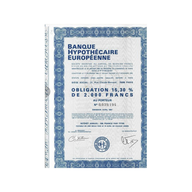 Banque Hypothécaire Européenne (Obl 15.30 % 2000 F)