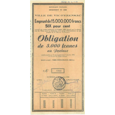 Ville de Vic-Fezensac - Emprunt de 15 000 000 francs 6 %