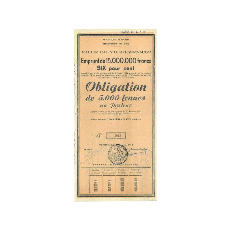 Ville de Vic-Fezensac - Emprunt de 15 000 000 francs 6 %