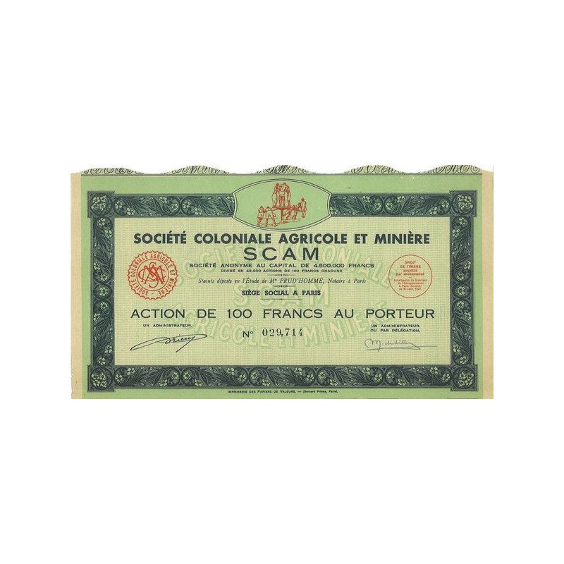 Sté Coloniale Agricole et Minière SCAM (Act 100 F)