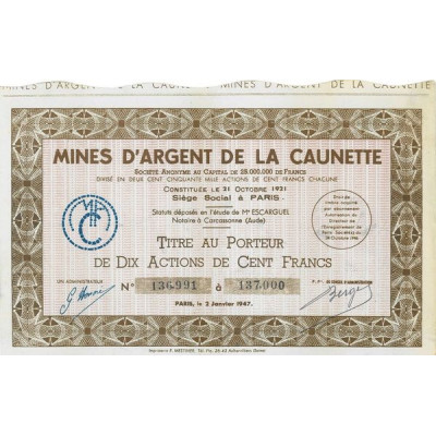 Mines d'Argent de la Caunette (10 Act 100 F)(1947)