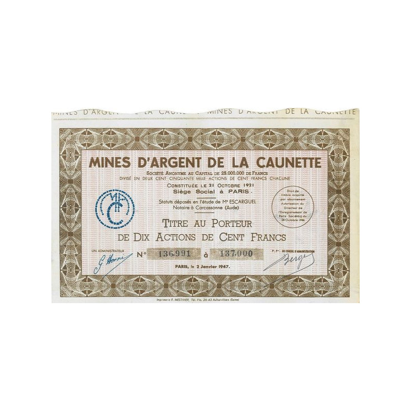 Mines d'Argent de la Caunette (10 Act 100 F)(1947)