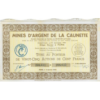 Mines d'Argent de la Caunette (25 Act 100 F)(1943)