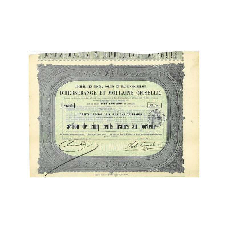 Société des Mines Forges et Hauts-Fourneaux d'Herserange et Moulaine (Moselle) sous la raison Aubé-Tronchon et compagnie