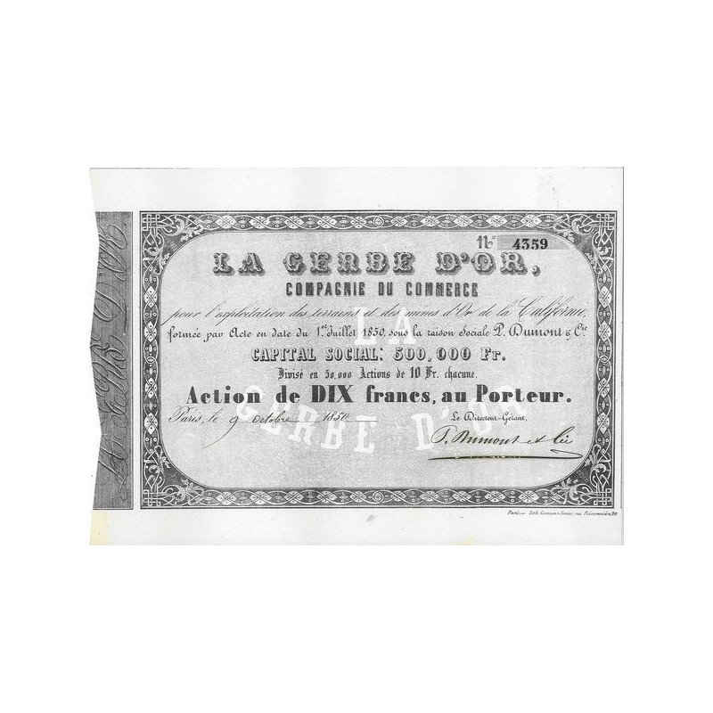 La Gerbe d'or - Compagnie du Commerce pour l'Exploitation des Terrains et des Mines d'Or de la Californie