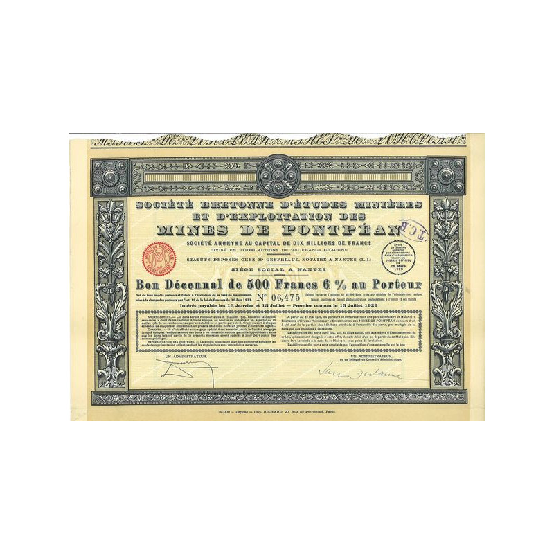 Société Bretonne d'Etudes Minières et d'Exploitation des Mines de Pontpéan (Bon)