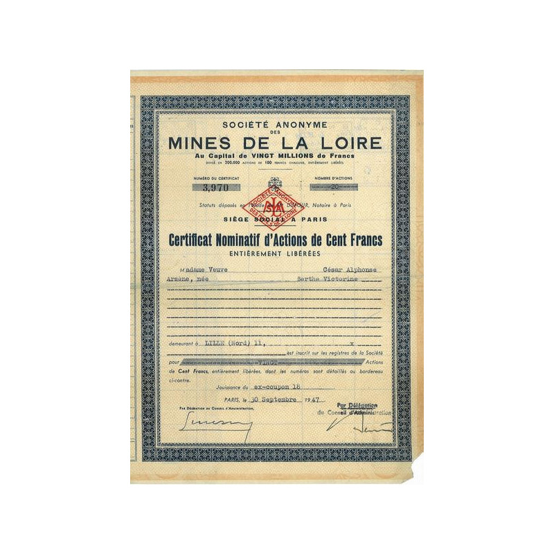 Société Anonyme des Mines de la Loire (Certif)