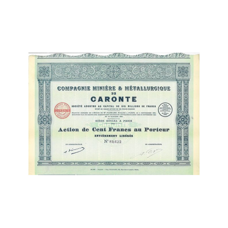 Compagnie Minière & Métallurgique de Caronte (Act 100 F) (Capital 10 000 000 F)