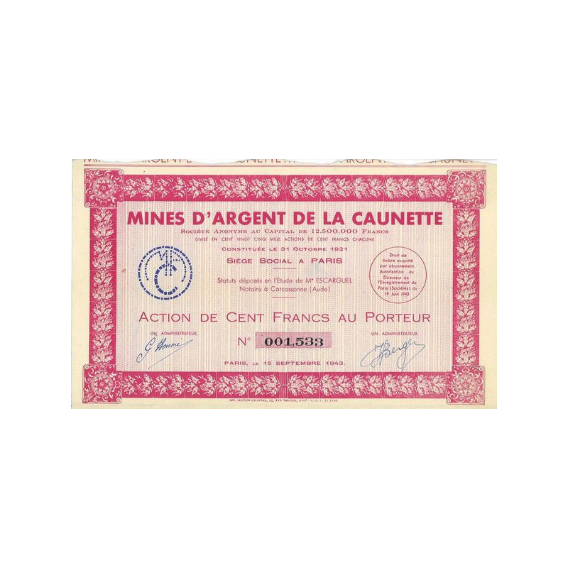 Mines d'Argent de la Caunette (Act 100 F)(1943)