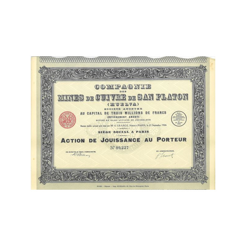 Cie des Mines de Cuivre de San Platon (Huelva)