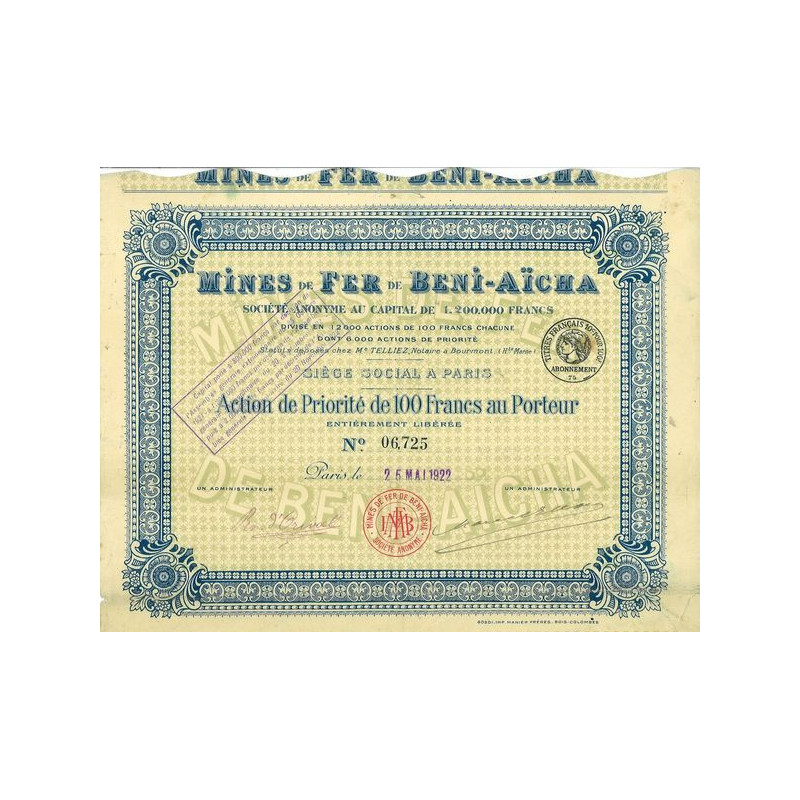 Mines de Fer de Beni-Aïcha (Act P 100 F) (1922)