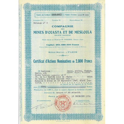 Cie des Mines d'Ouasta et de Mesloula (certif)