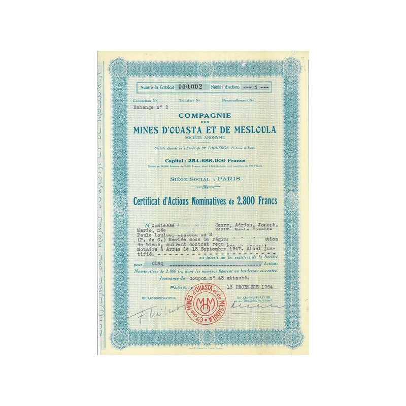 Cie des Mines d'Ouasta et de Mesloula (certif)