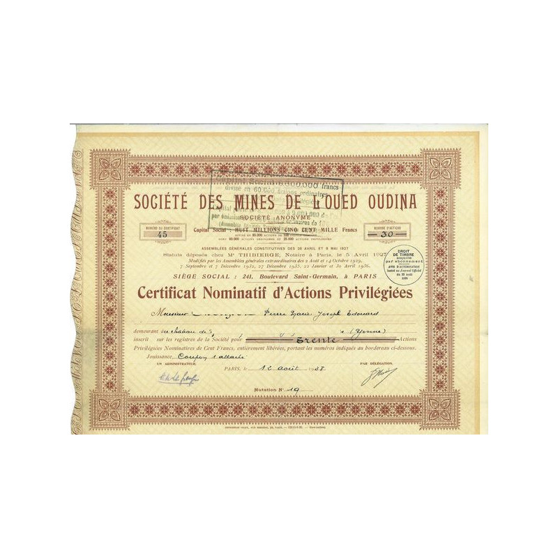 Sté des Mines de l'Oued Oudina (Certif Act P)