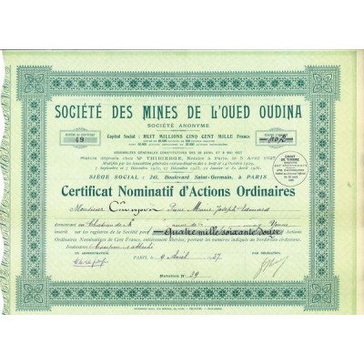 Sté des Mines de l'Oued Oudina (Certif Act O)