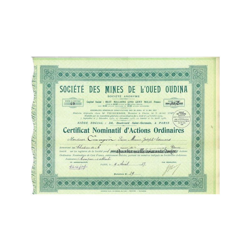 Sté des Mines de l'Oued Oudina (Certif Act O)