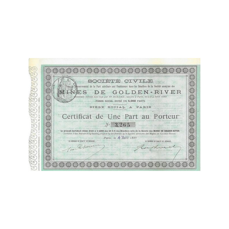 Sté Civile pour le Recouvrement de la Part Attribuée aux Fondateurs de la S.A. des Mines de Golden-River (Certif)