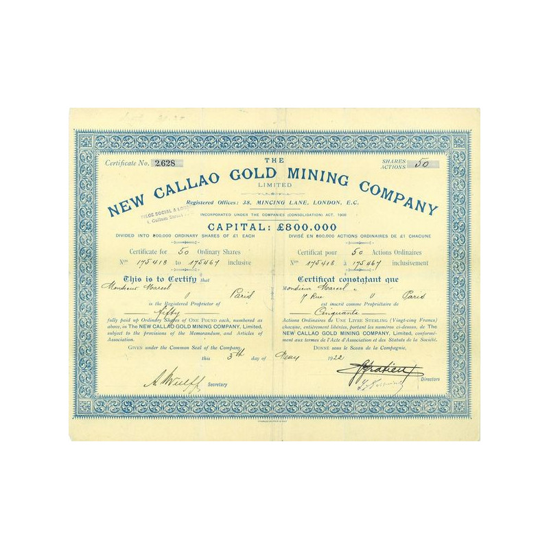 The New Callao Gold Minning Cy Ltd (Certif 50 Ac)