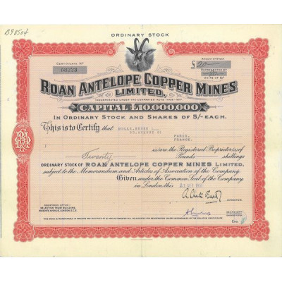 Roan Antelope Copper Mines (certif nomin) (Capital 10 000 000)