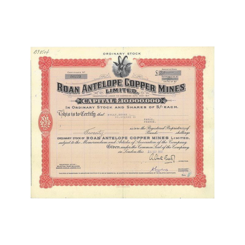 Roan Antelope Copper Mines (certif nomin) (Capital 10 000 000)