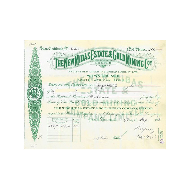 The New Midas Estate and Gold Mining Cy Ltd (Certif nomin)