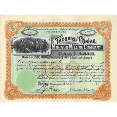 Tacoma and Chelan Mining & Milling Cy (Titre 100 Act $ 1) (blanquette)