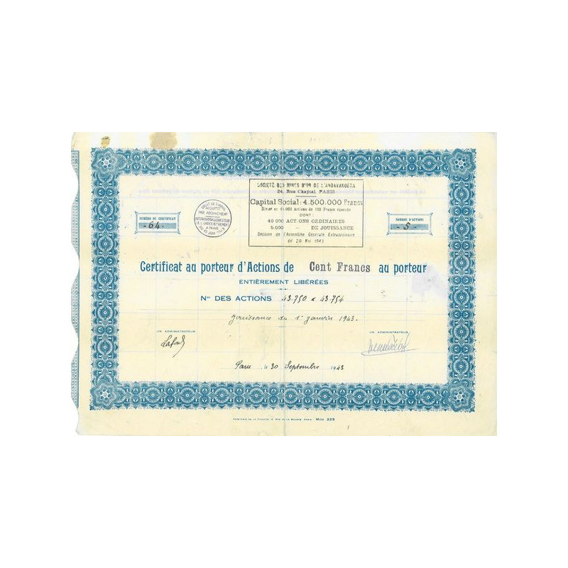 Sté des Mines d'Or de l'Andavakoera (Certif)