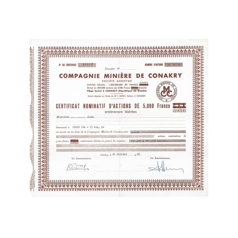 Cie Minière de Conakry (Certif)