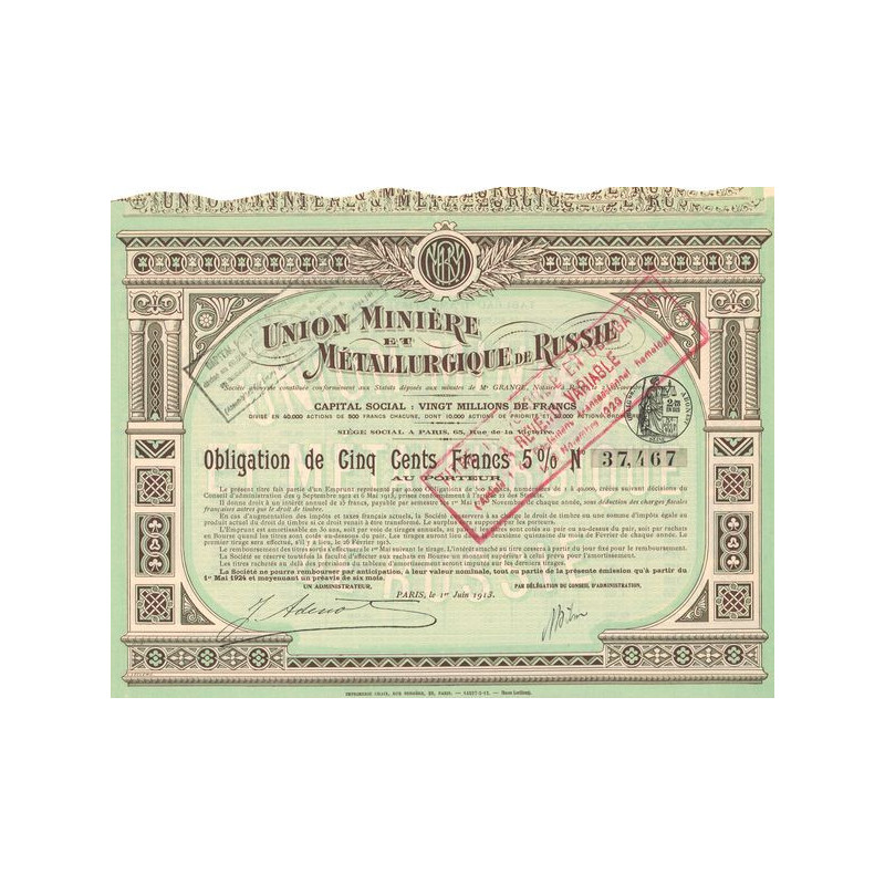 Union Minière & Métallurgique de Russie (Obl 500 F 5 %)