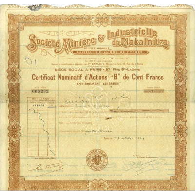 Sté Minière & Industrielle de Plakalnitza (Certif)