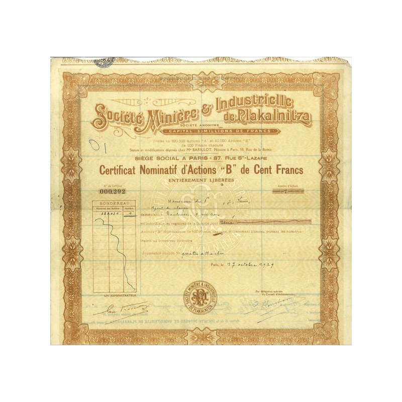 Sté Minière & Industrielle de Plakalnitza (Certif)