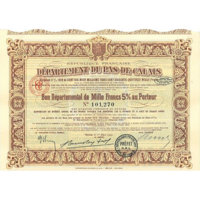 République Française - Département du Pas-de-Calais - emprunt 5% 1929 de 119 374 000 Francs