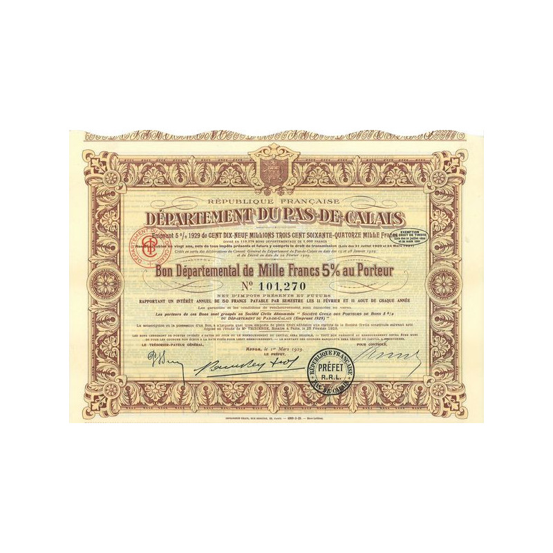 République Française - Département du Pas-de-Calais - emprunt 5% 1929 de 119 374 000 Francs