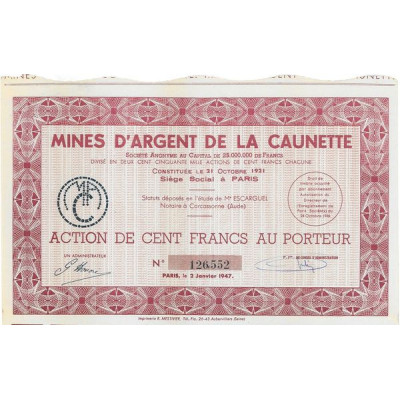 Mines d'Argent de la Caunette (Act 100 F)(1947)