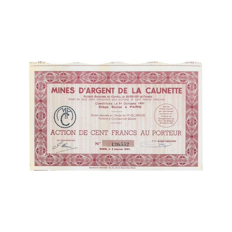 Mines d'Argent de la Caunette (Act 100 F)(1947)