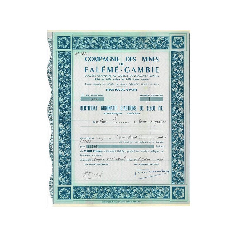 Cie des Mines de Falémé-Gambie (Certif)