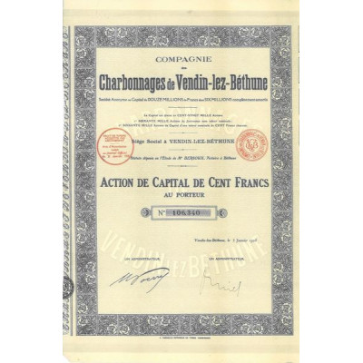 Cie des Charbonnages de Vendin-lez-Béthune (Act Capital 100 F)