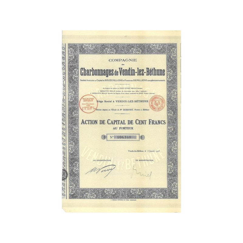 Cie des Charbonnages de Vendin-lez-Béthune (Act Capital 100 F)