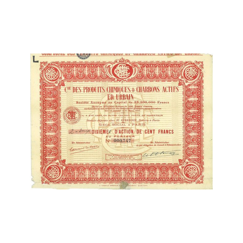 Cie des produits Chimiques & Charbons Actifs Ed. Urbain (2 10ème Act 100 F)