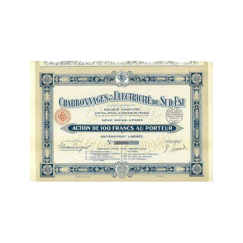 Charbonnages & Electricité du Sud-Est (Anc Cie Minière du Sud-Est) (Act modèle 2)