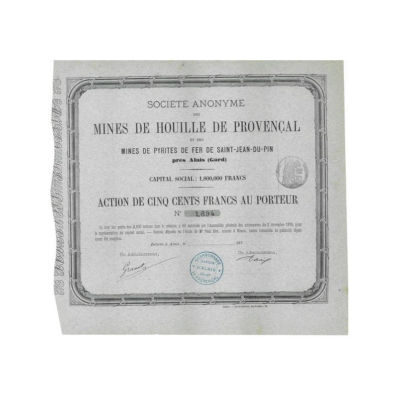 S.A. des Mines de Houille de Provençal et des Mines de Pyrites de Fer de Saint-Juan-du-Pin près Alais (Gard)(Act)