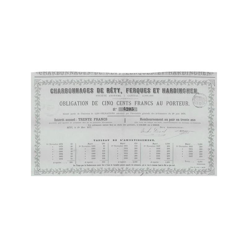 Charbonnages de Réty Ferques et Hardinghen (Obl 500 F)