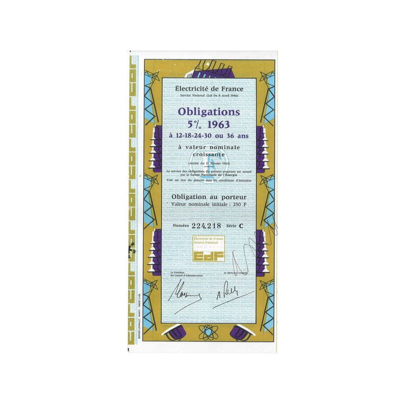 Electricité de France - Obligations 5 % 1963 à 12-18-24-30 ou 36 ans