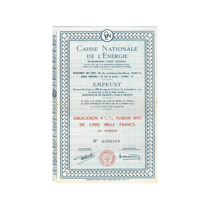 Caisse Nationale de l'Energie - Ets Public National - Fusion Emprunts 4 1/4 % et 4 1/2 % 1955 - 5000 F