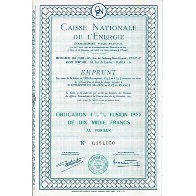 Caisse Nationale de l'Energie - Ets Public National - Fusion Emprunts 4 1/4 % et 4 1/2 % 1955 - 10000 F