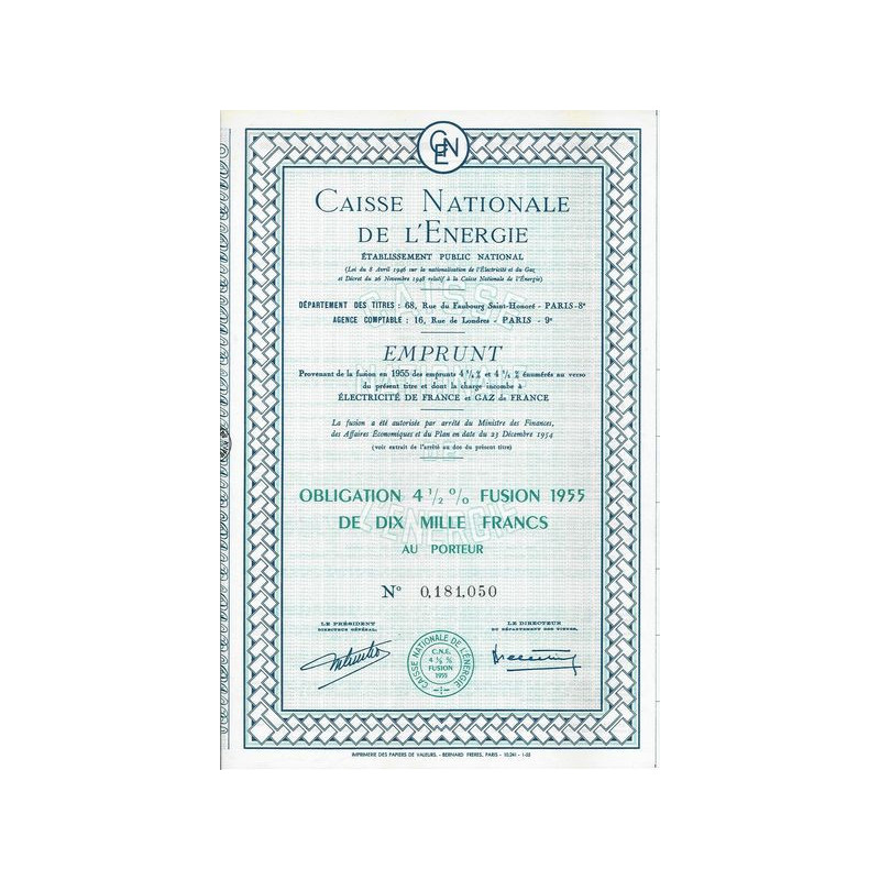 Caisse Nationale de l'Energie - Ets Public National - Fusion Emprunts 4 1/4 % et 4 1/2 % 1955 - 10000 F