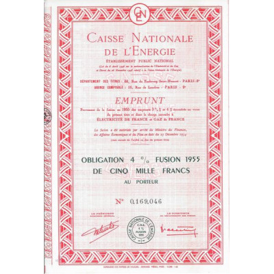 Caisse Nationale de l'Energie - Ets Public National - Fusion Emprunts 3 3/4 % et 4 % 1955 - 5000 F