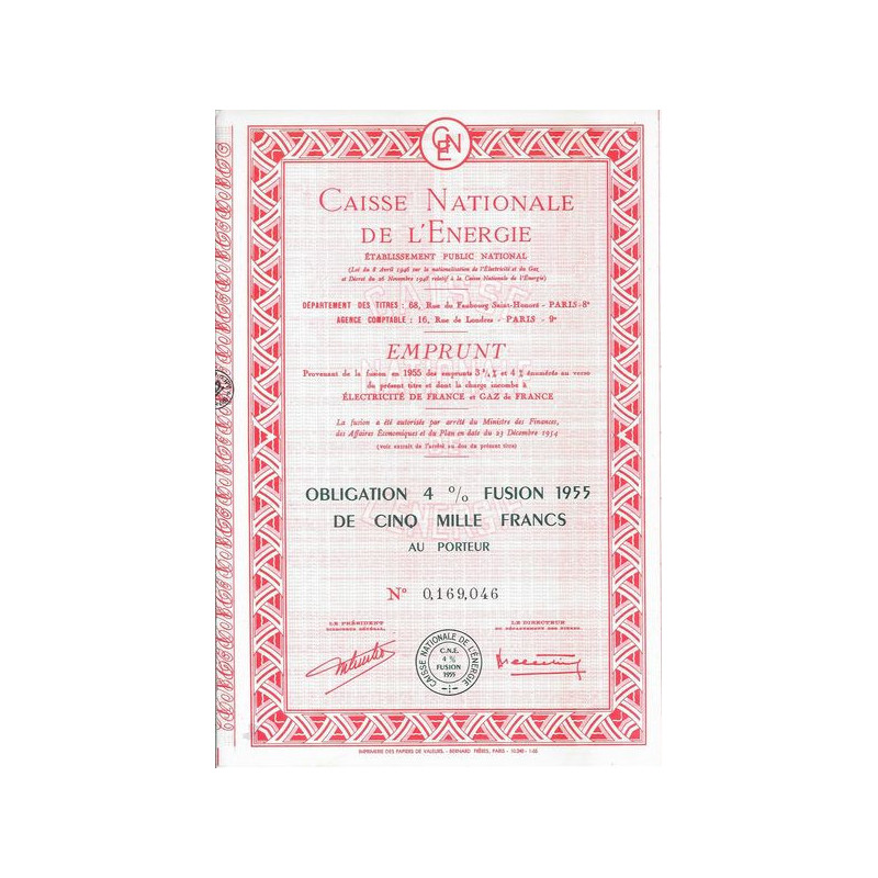 Caisse Nationale de l'Energie - Ets Public National - Fusion Emprunts 3 3/4 % et 4 % 1955 - 5000 F