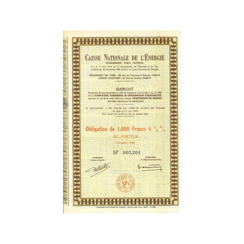 Caisse Nationale de l'Energie - Ets Public National - Regroupement Emprunts 4 1/4 % 1933